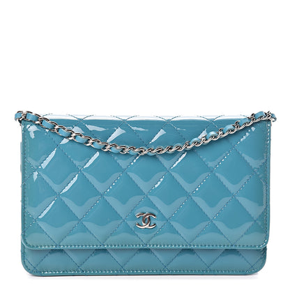 Chanel Patent Quilted Wallet On Chain WOC Turquoise Blue 1 of 11