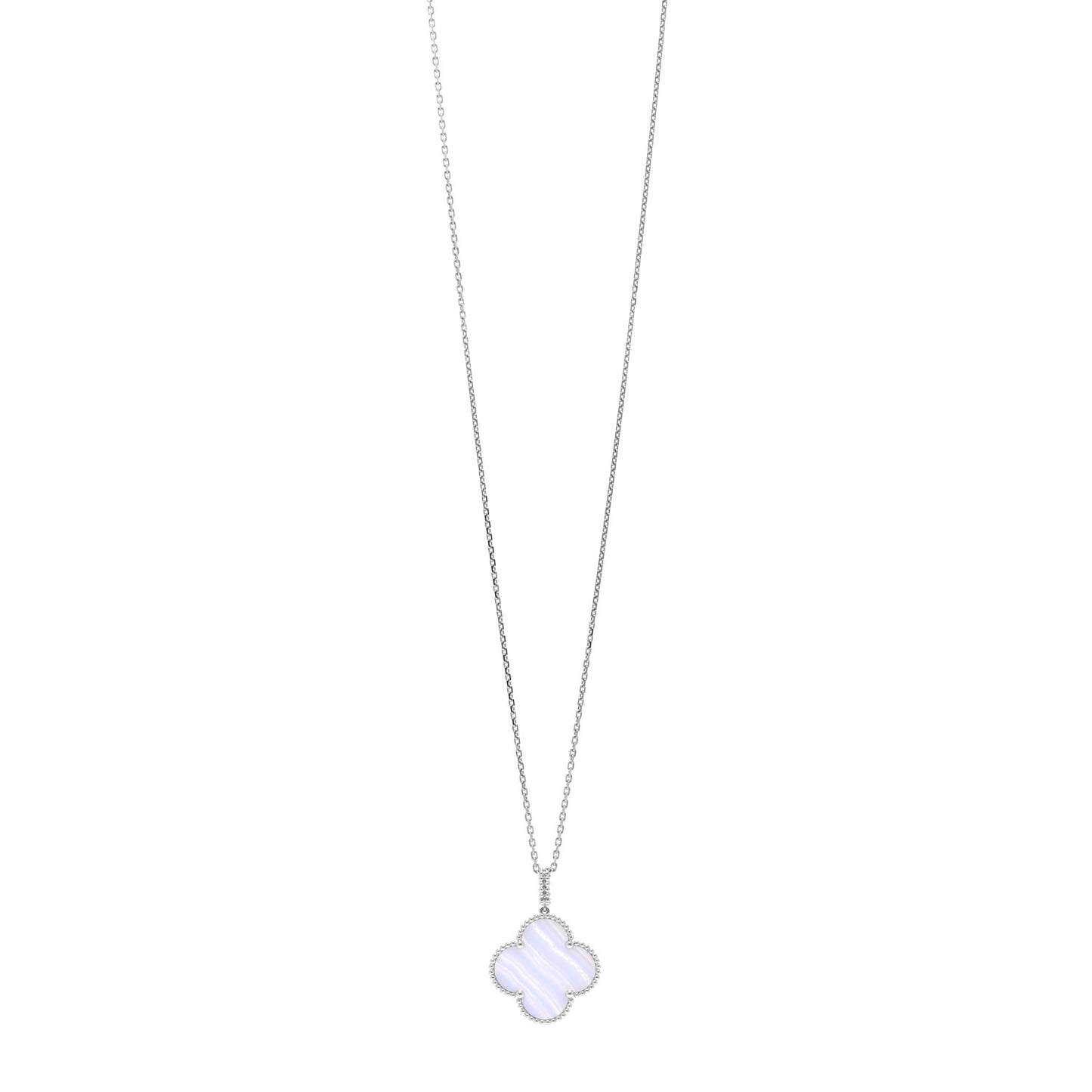 18K White Gold Chalcedony Magic Alhambra Pendant Long Necklace