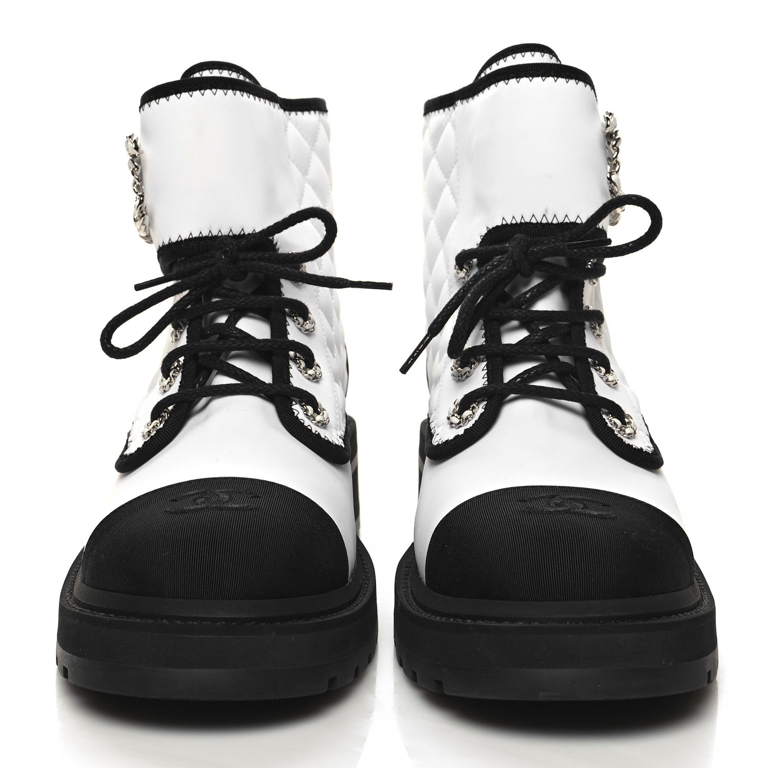 Chanel Fabric Grosgrain Quilted Cap Toe Lace Up Combat Boots 41 White Black 2 of 9