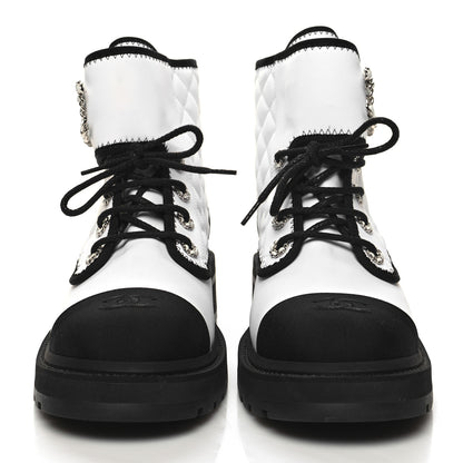 Chanel Fabric Grosgrain Quilted Cap Toe Lace Up Combat Boots 41 White Black 2 of 9
