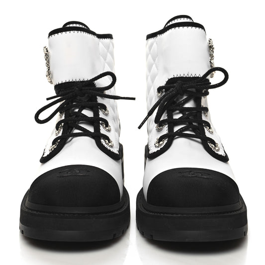 Fabric Grosgrain Quilted Cap Toe Lace Up Combat Boots 41 White Black