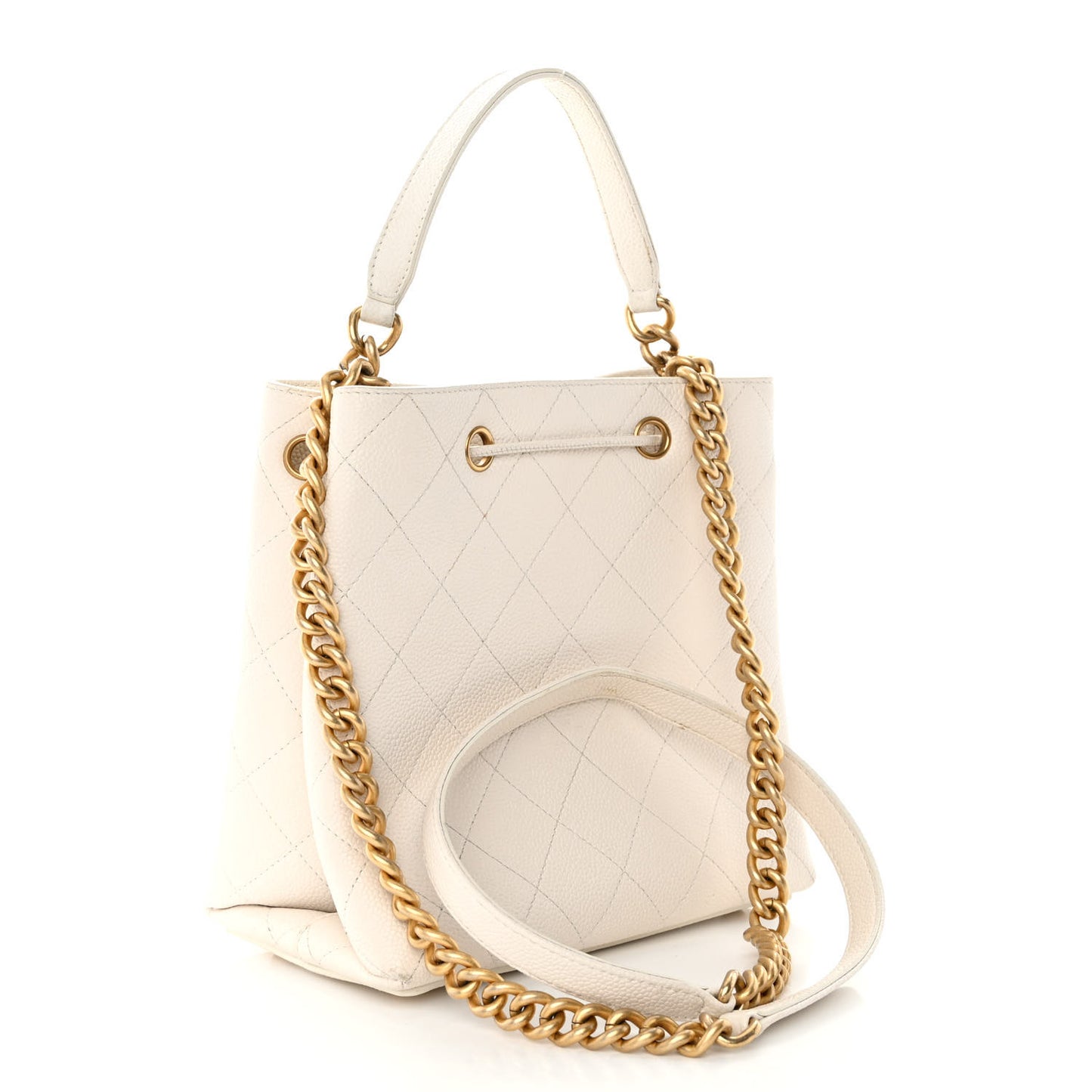 Grained Calfskin Stitched Small Drawstring Bag White