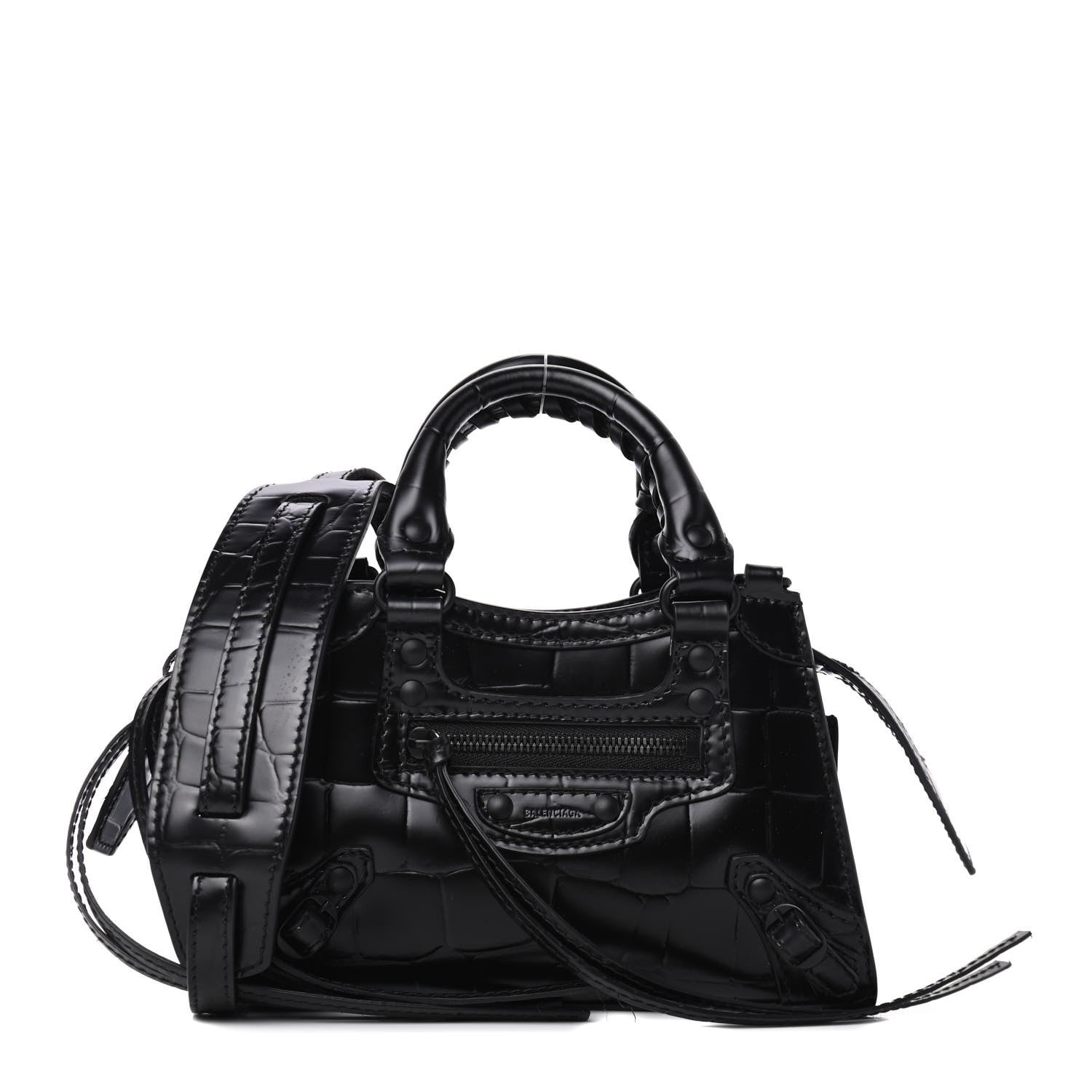 Balenciaga Semi Shiny Calfskin Crocodile Embossed Neo Classic Black Hardware Nano City Crossbody Black 1 of 4