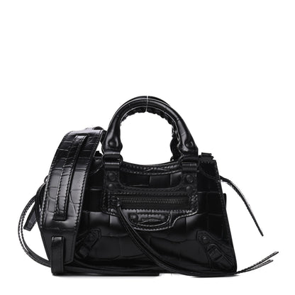 Balenciaga Semi Shiny Calfskin Crocodile Embossed Neo Classic Black Hardware Nano City Crossbody Black 1 of 4