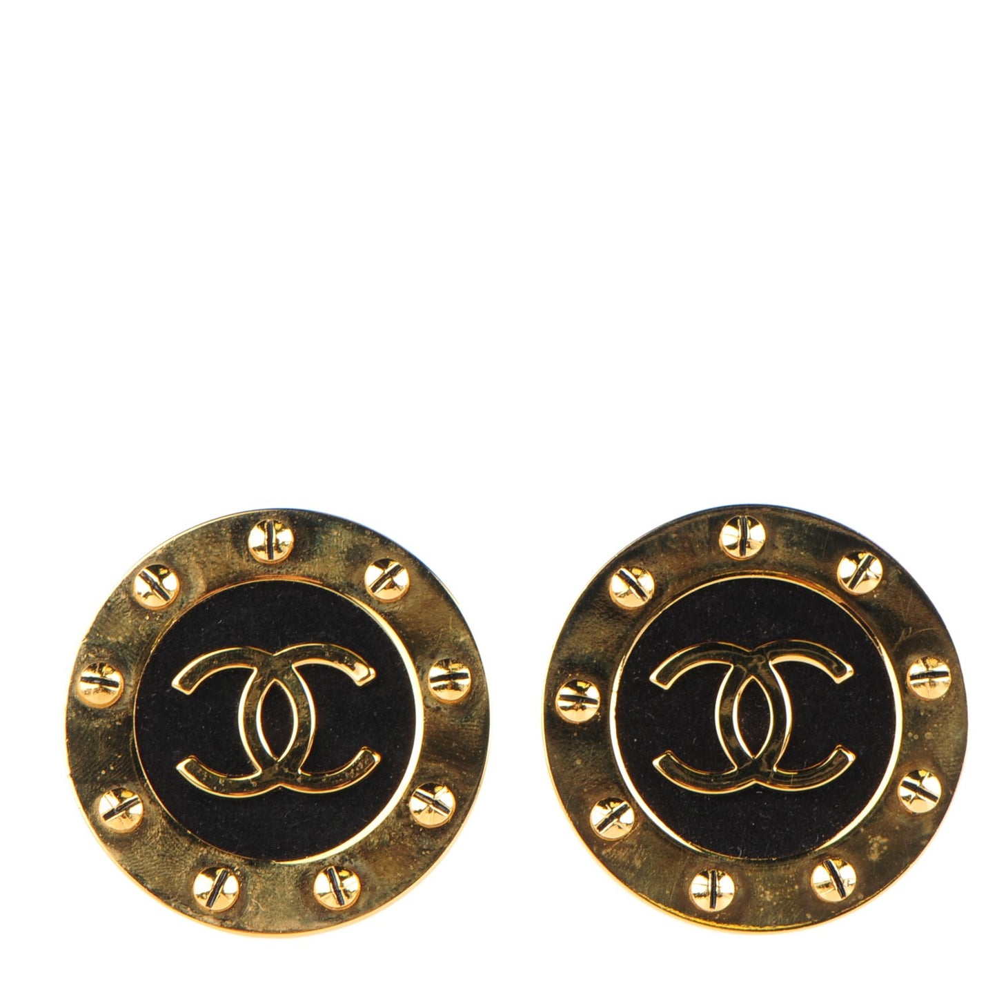 Suede Large CC Studded Clip On Earrings Black Gold