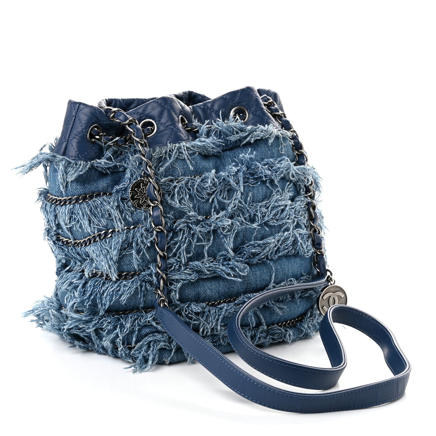 Calfskin Denim Fringe Chains CC Drawstring Bucket Bag Blue