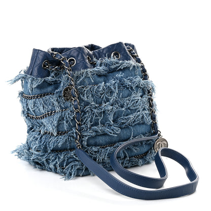 Chanel Calfskin Denim Fringe Chains CC Drawstring Bucket Bag Blue 2 of 9