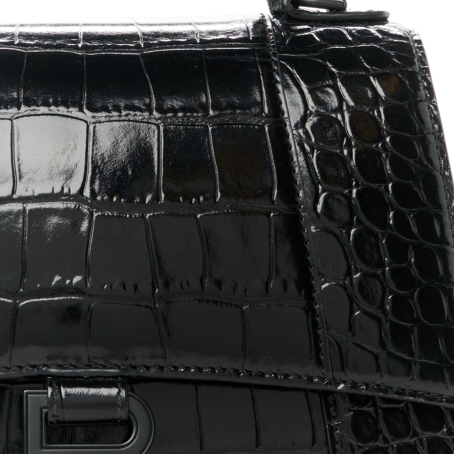 Shiny Calfskin Monochrome Crocodile Embossed Small Hourglass Top Handle Bag Black