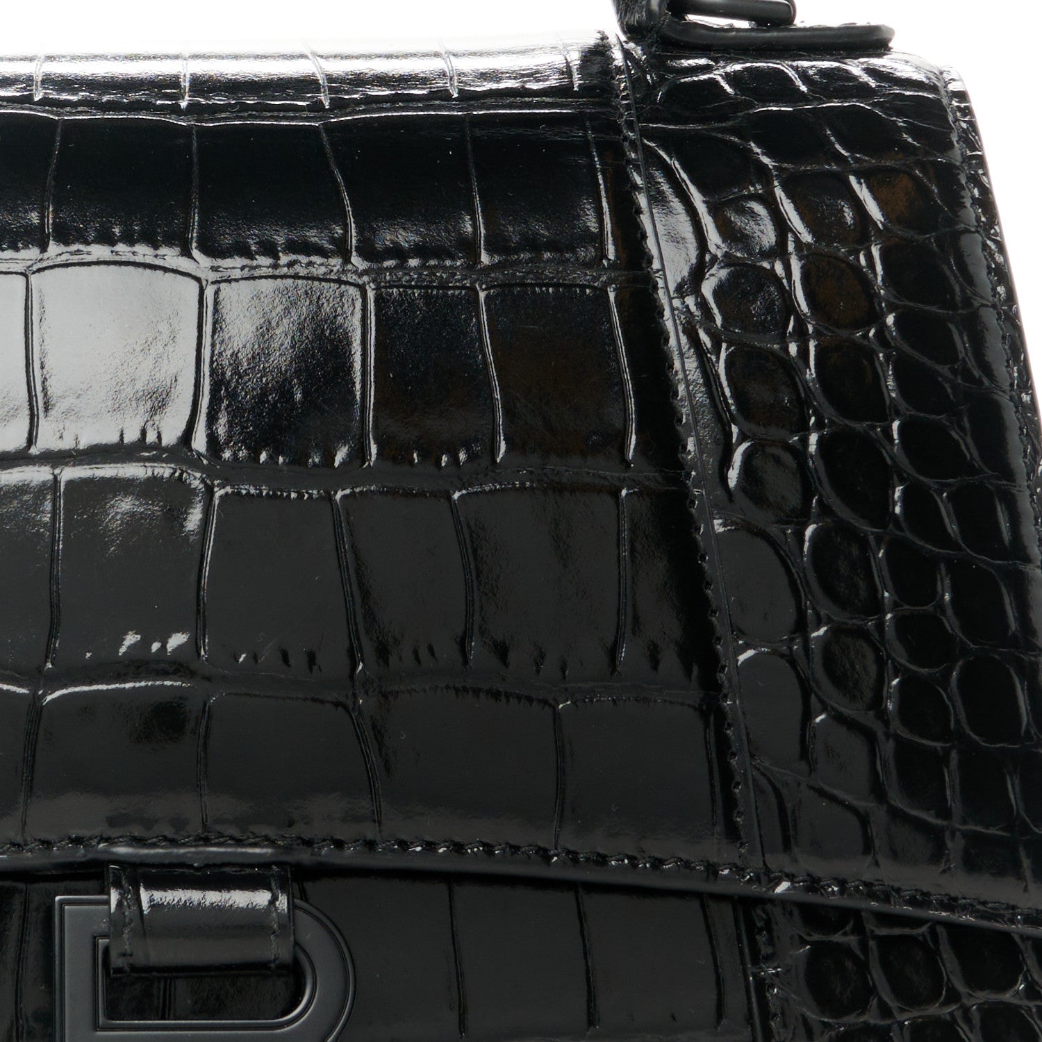 Balenciaga Shiny Calfskin Monochrome Crocodile Embossed Small Hourglass Top Handle Bag Black 8 of 10