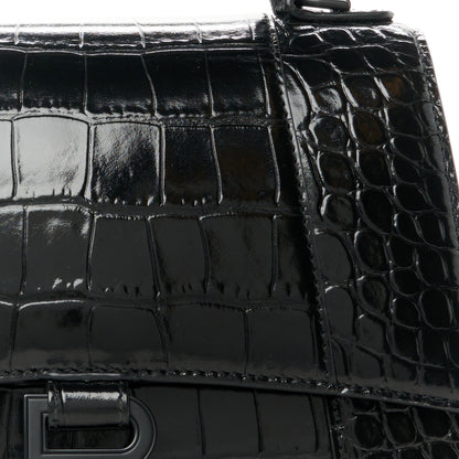 Balenciaga Shiny Calfskin Monochrome Crocodile Embossed Small Hourglass Top Handle Bag Black 8 of 10