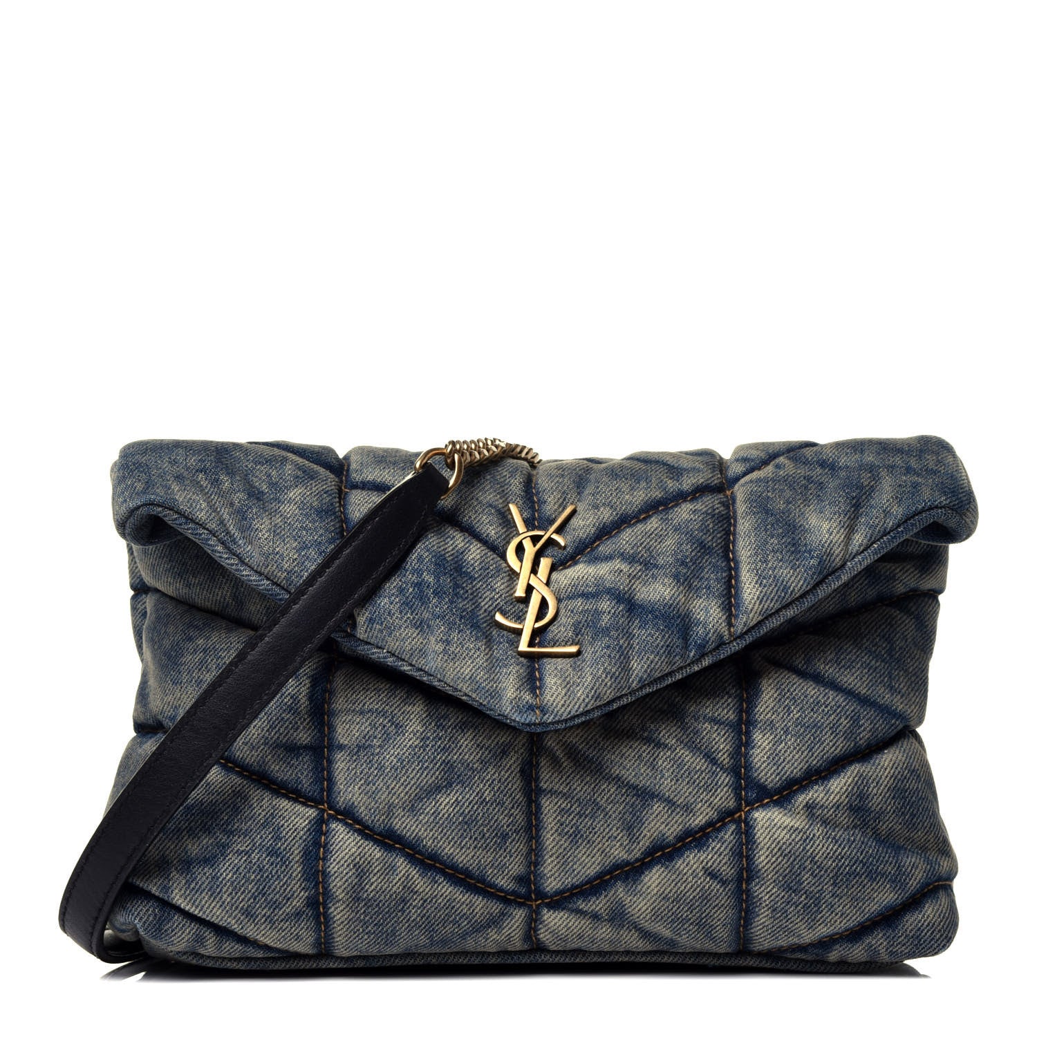 Saint Laurent Denim Quilted Toy Loulou Puffer Monogram Chain Satchel Blue Black 1 of 9