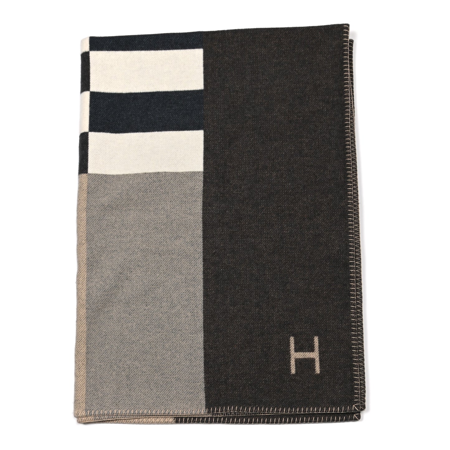 Wool Cashmere H Casaque Blanket Ecru Carbone