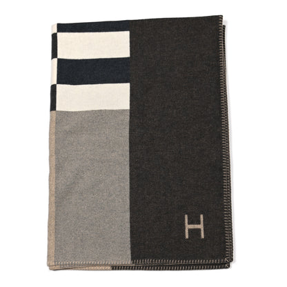 Hermes Wool Cashmere H Casaque Blanket Ecru Carbone 1 of 3