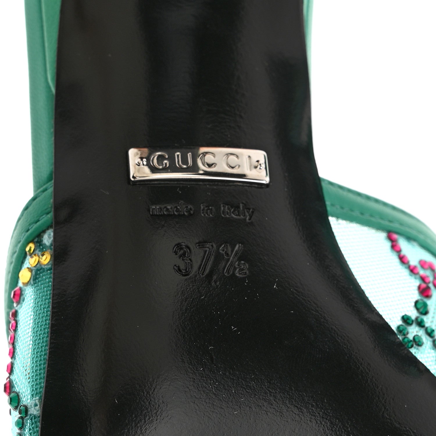 Gucci Tela Retino Nappa Crystal GG Monogram Square G 95mm Slide Sandals 37.5 Turquoise 7 of 9