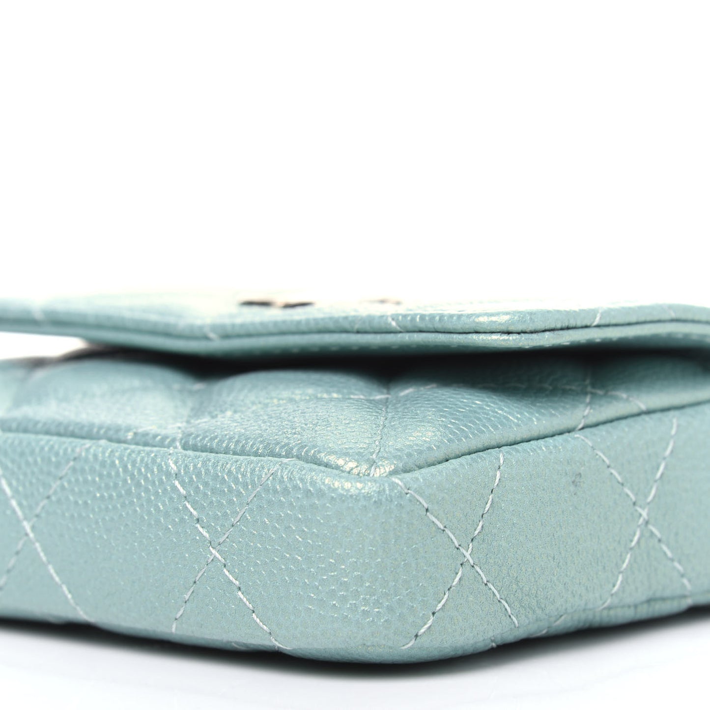 Iridescent Caviar Quilted Pearl On Top Coin Purse With Chain Light Green