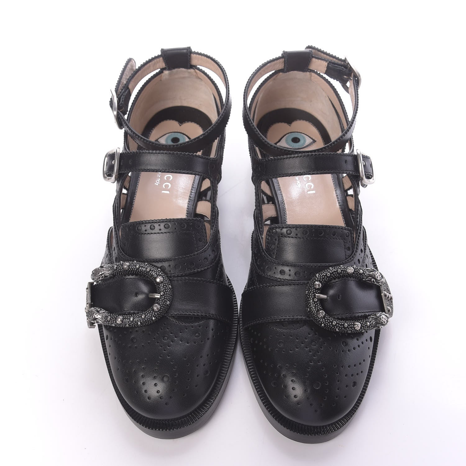 Gucci Calfskin Bee Embroidered Womens Queercore Brogue Wingtip Monk Strap Loafers 37.5 Black 6 of 10