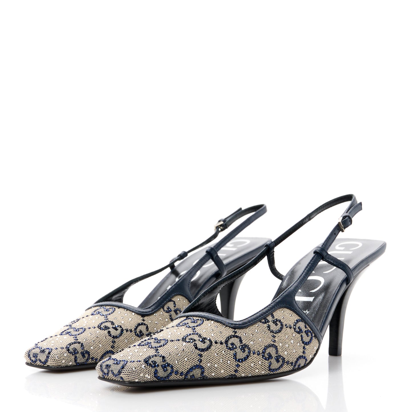 GG Monogram Malaga Kid Crystal Square G 75mm Slingback Pumps 40 Beige Blue