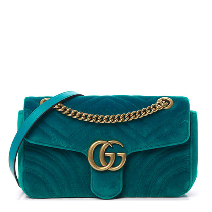 Gucci Velvet Matelasse Small GG Marmont Shoulder Bag Pavone Cyan 1 of 13