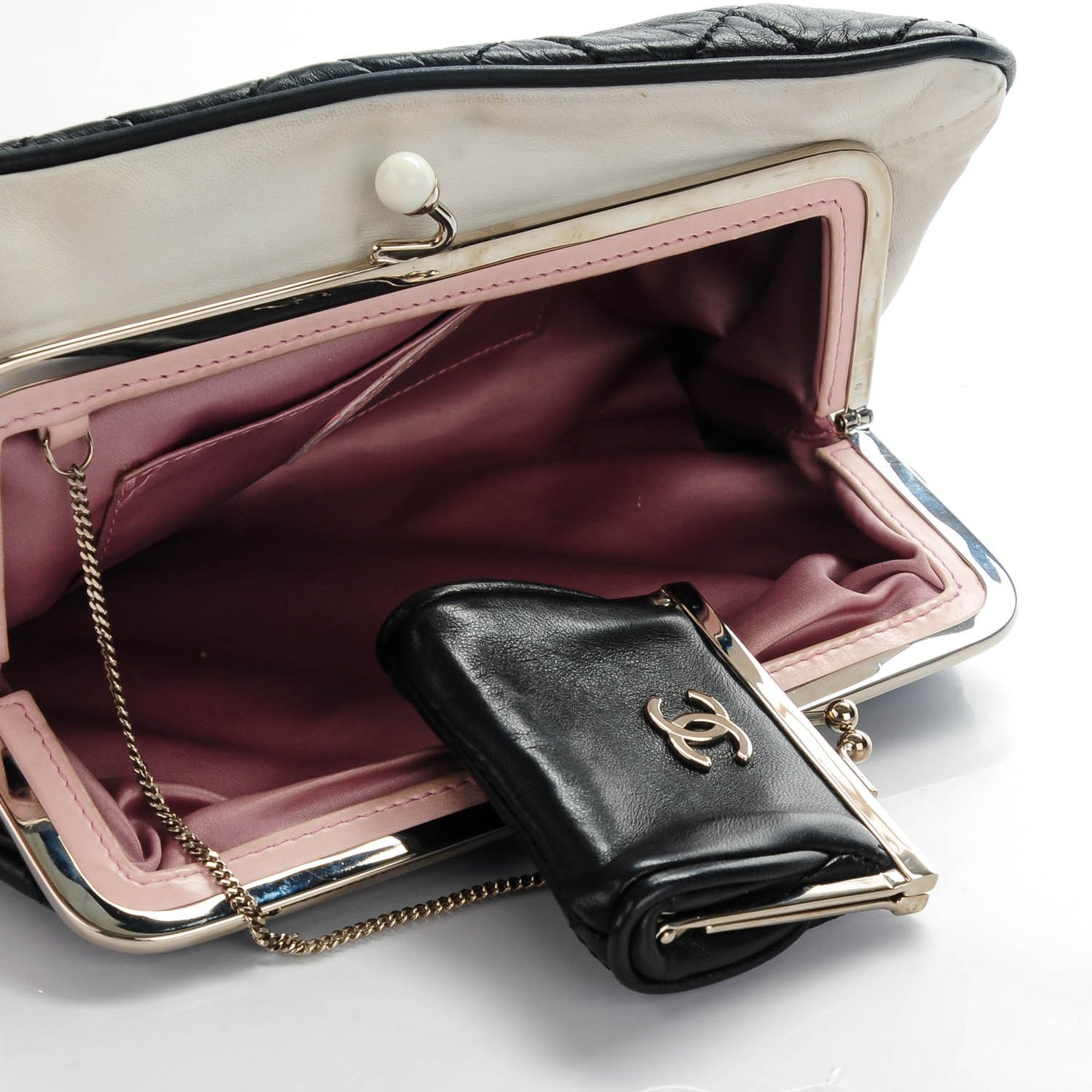 Lambskin Quilted Pearl Kiss Lock Clutch Black White