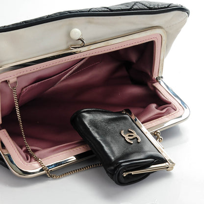 Chanel Lambskin Quilted Pearl Kiss Lock Clutch Black White 5 of 7
