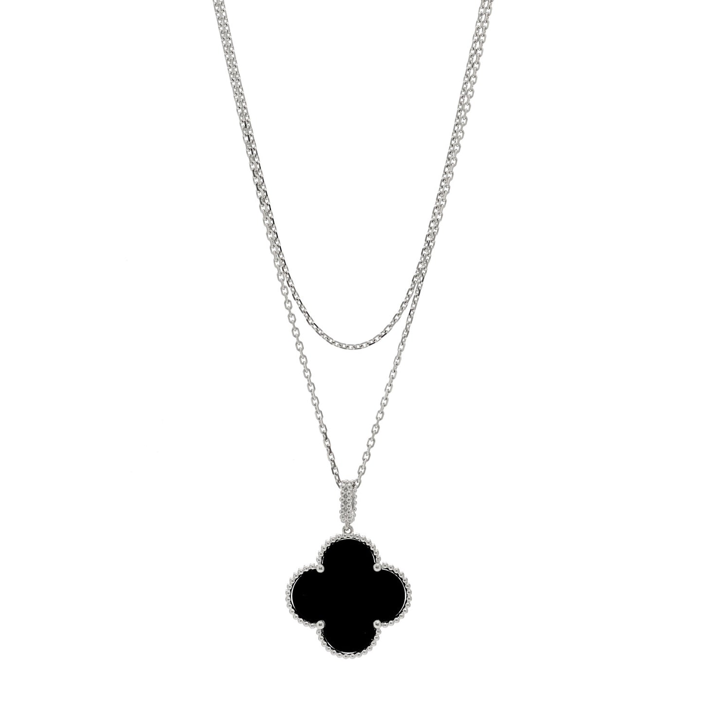 18K White Gold Black Onyx Magic Alhambra Pendant Necklace