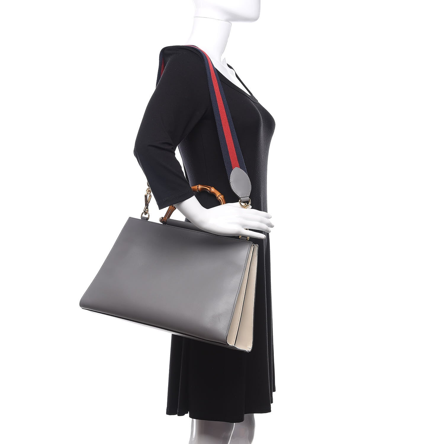 Gucci Nappa Bamboo Web Medium Nymphaea Top Handle Bag Deep Grey Mystic White 2 of 15