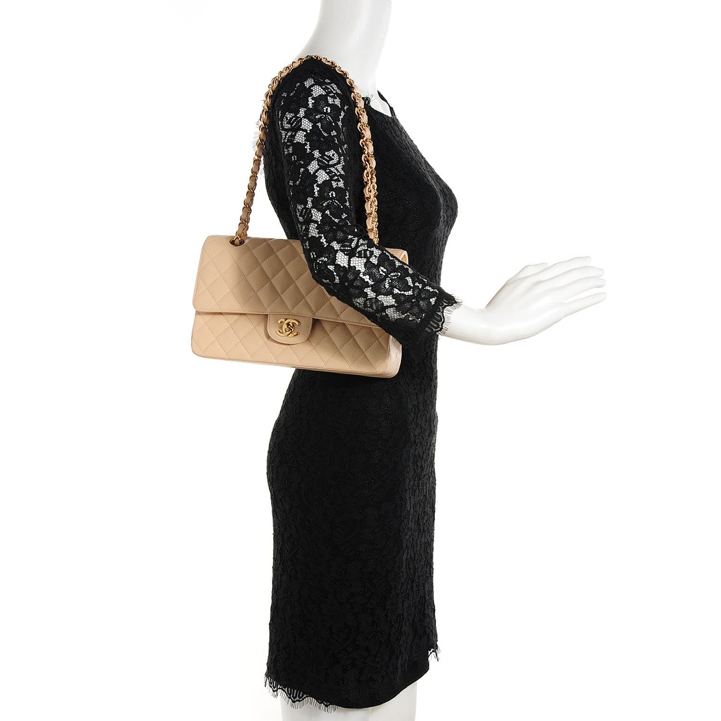 Caviar Quilted Medium Double Flap Beige Clair