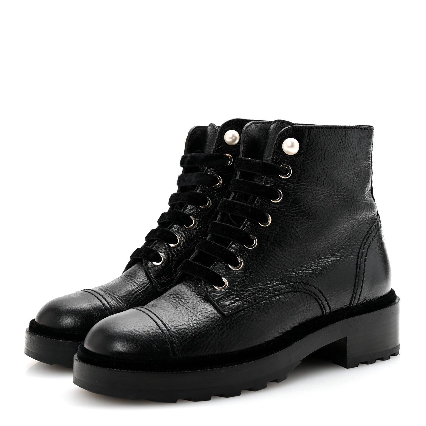 Shiny Calfskin Velvet Pearl Combat Short Boots 37 Black