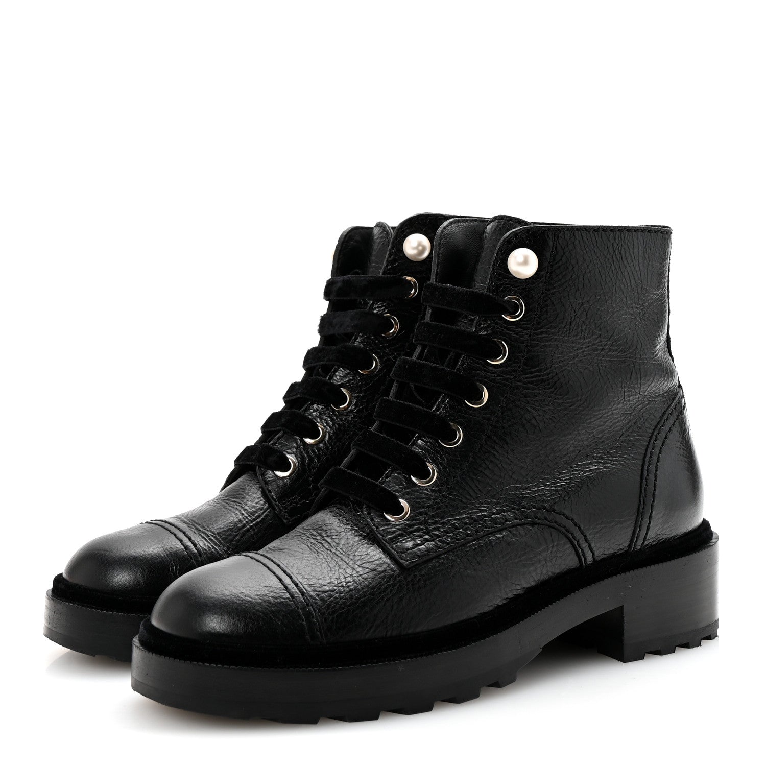 Chanel Shiny Calfskin Velvet Pearl Combat Short Boots 37 Black 4 of 10
