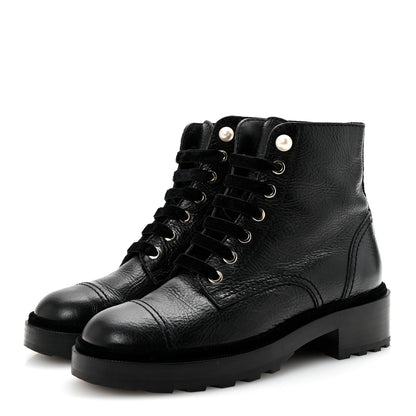 Chanel Shiny Calfskin Velvet Pearl Combat Short Boots 37 Black 4 of 10