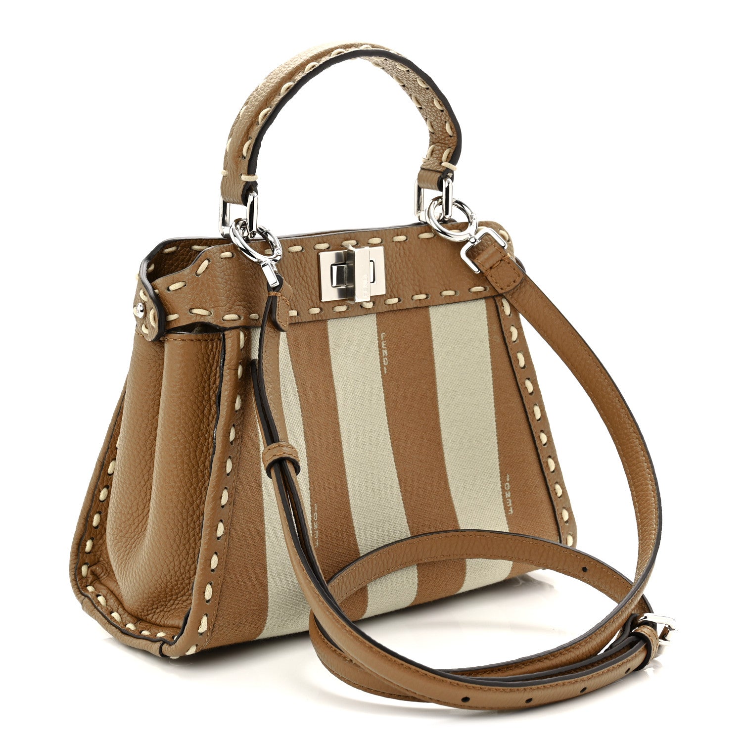 Fendi Cuoio Romano Canvas Pequin Striped Selleria Mini Peekaboo Iconic Satchel Beige Sand 3 of 9