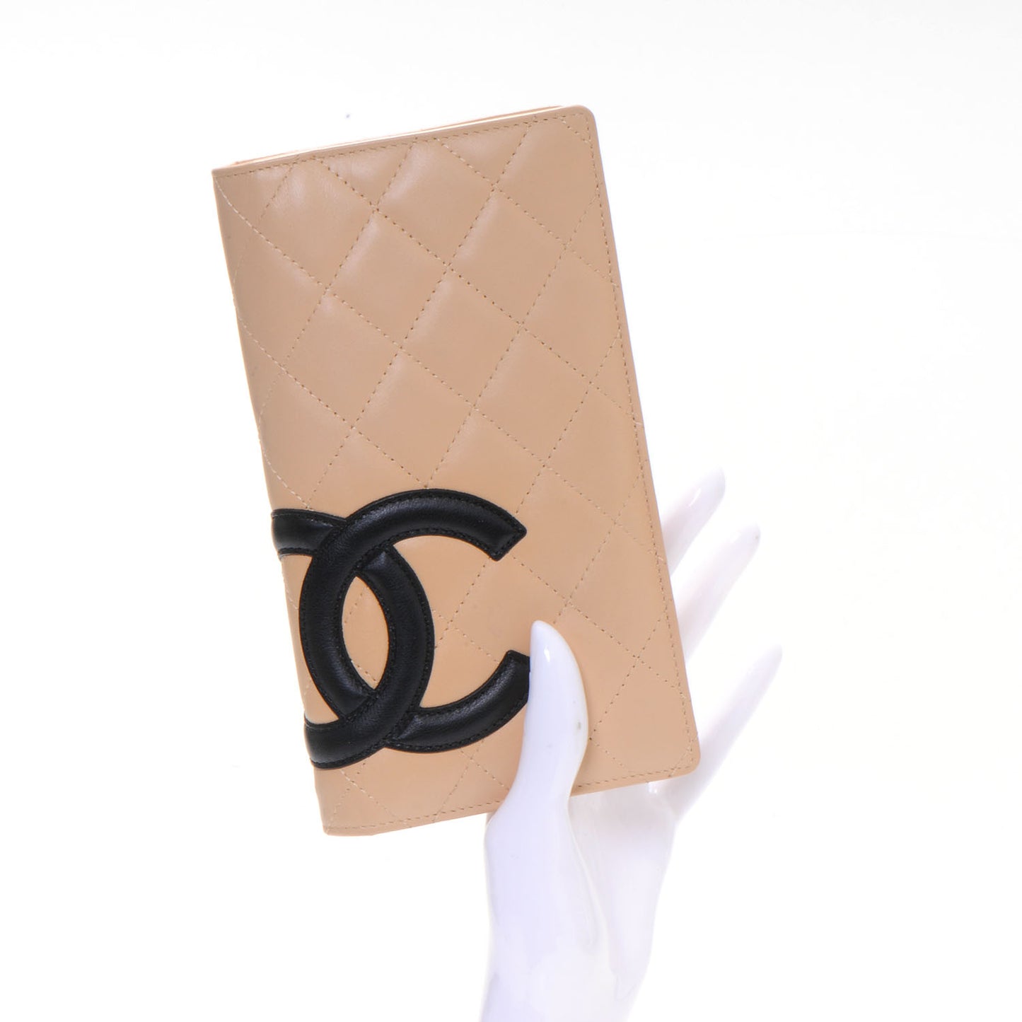 Calfskin Quilted Cambon Yen Wallet Beige Black