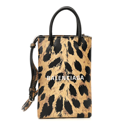 Balenciaga Smooth Calfskin Leopard Print Logo Shopping Phone Holder Bag Beige Black 1 of 11