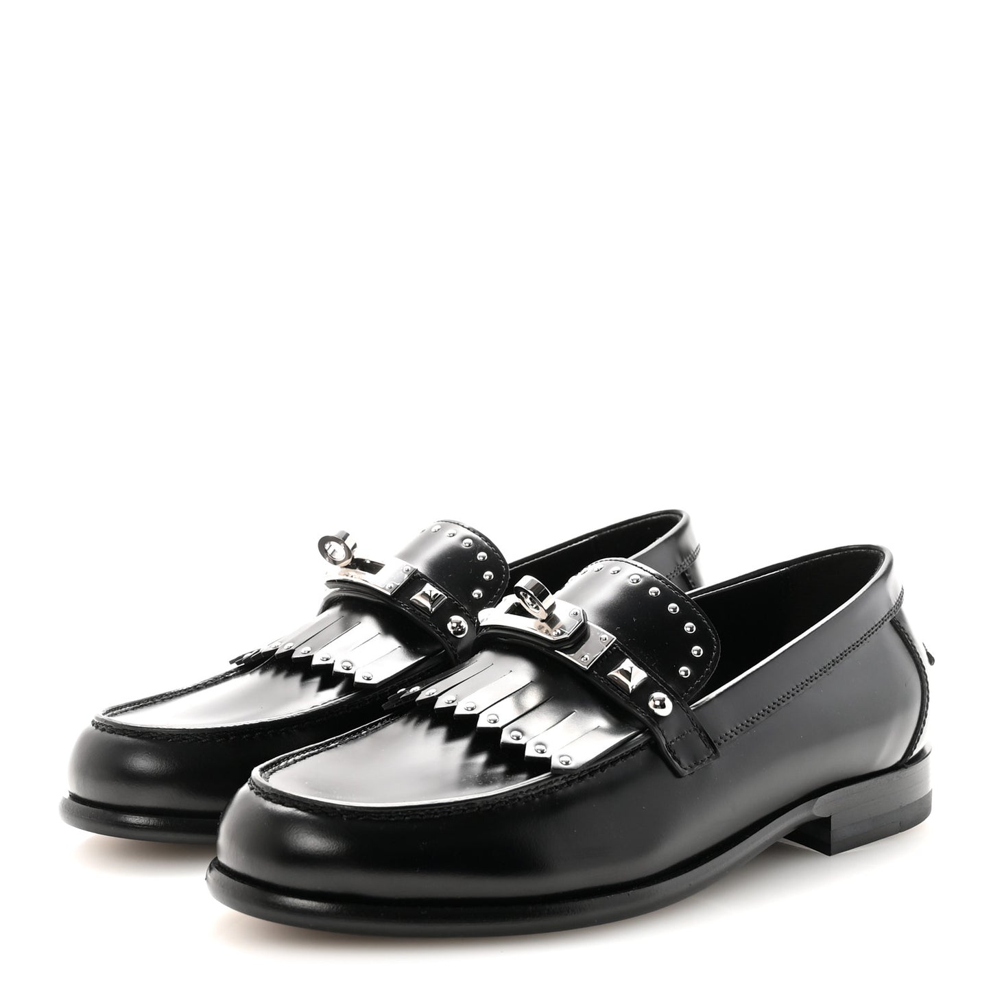 Glazed Calfskin Medor Studded Fringe Womens Destin Loafer 35 Black