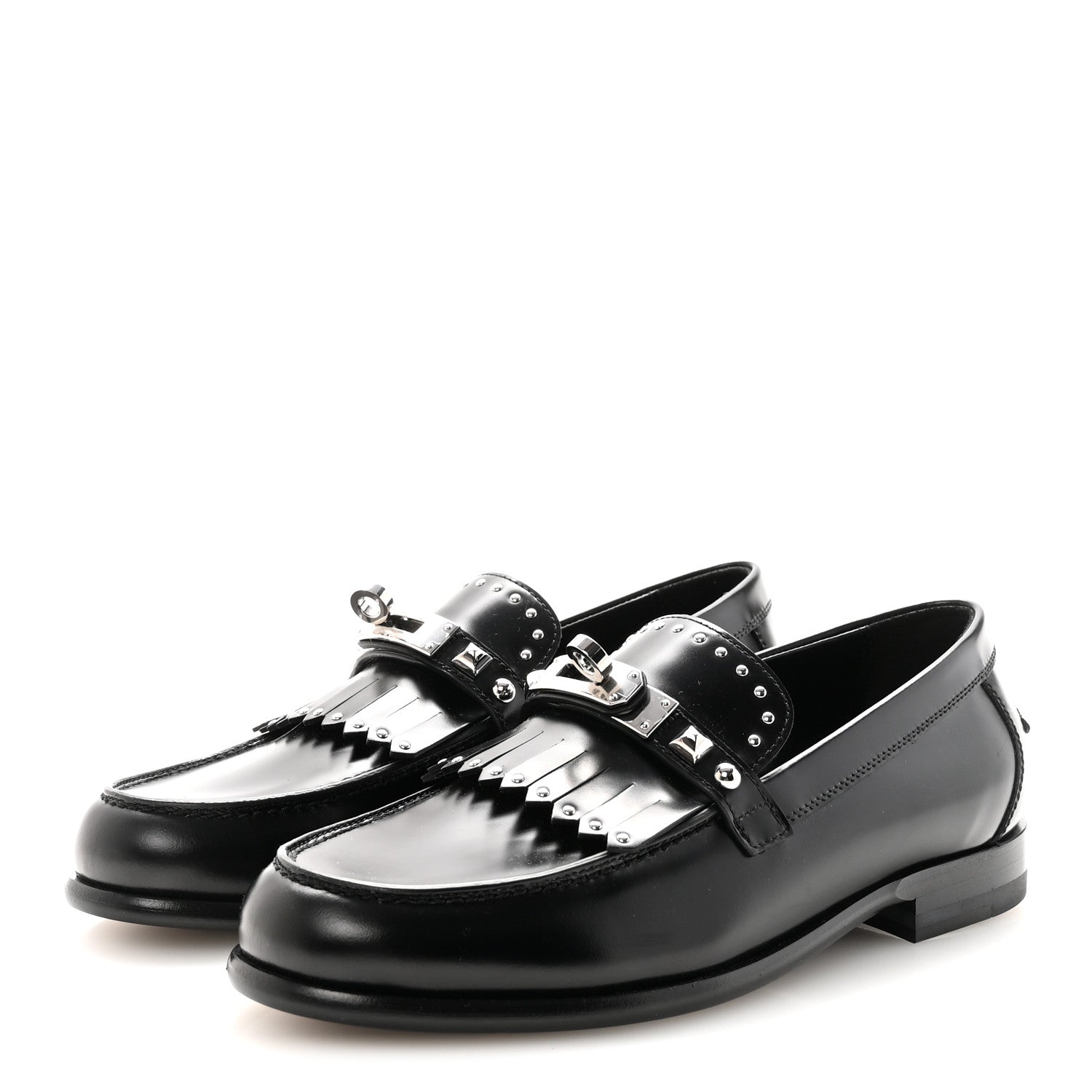 Hermes Glazed Calfskin Medor Studded Fringe Womens Destin Loafer 35 Black 4 of 10