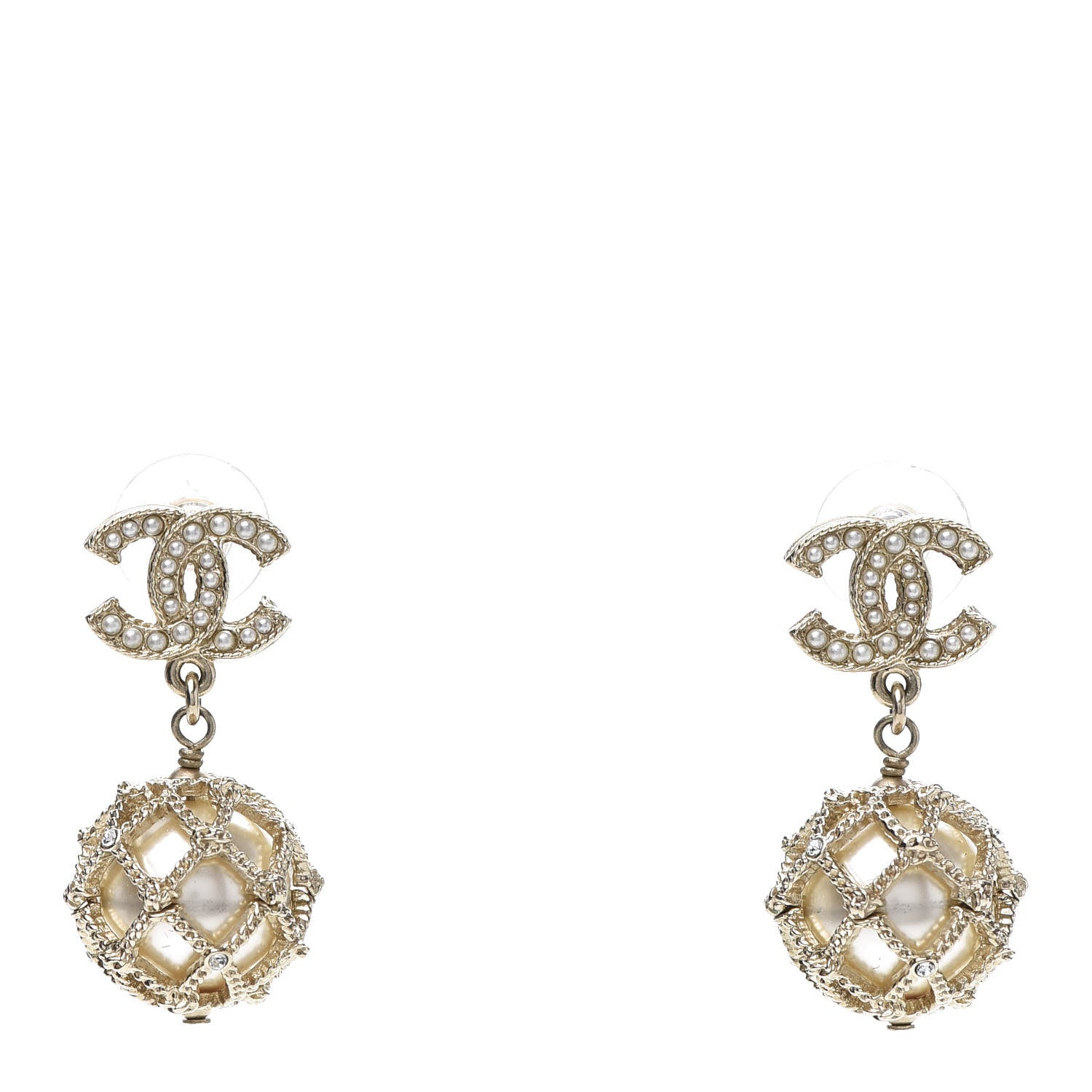 Chanel Pearl Caged CC Drop Earrings Gold 1 of 4