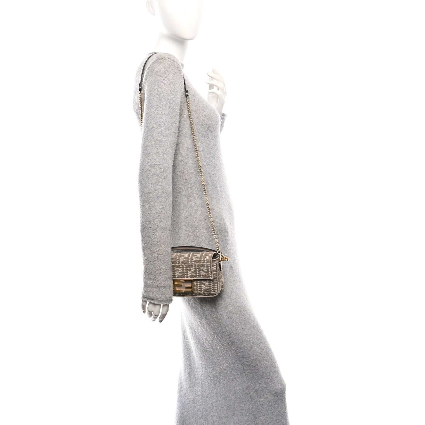 Denim Jacquard FF Effect Vitello Grace Mini Baguette Dove White Dove