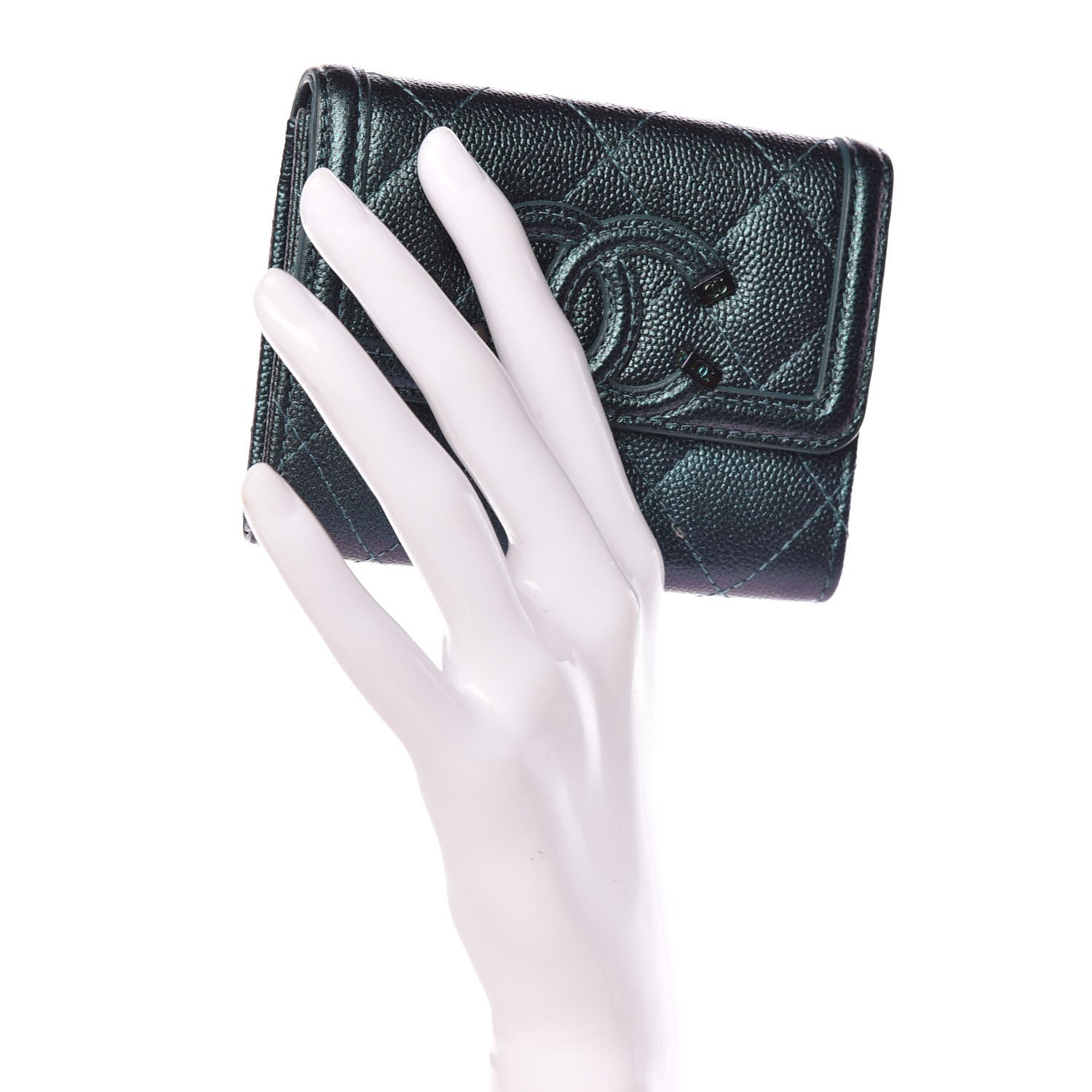 Chanel Iridescent Caviar Quilted Filigree Card Holder Dark Turquoise 2 of 12