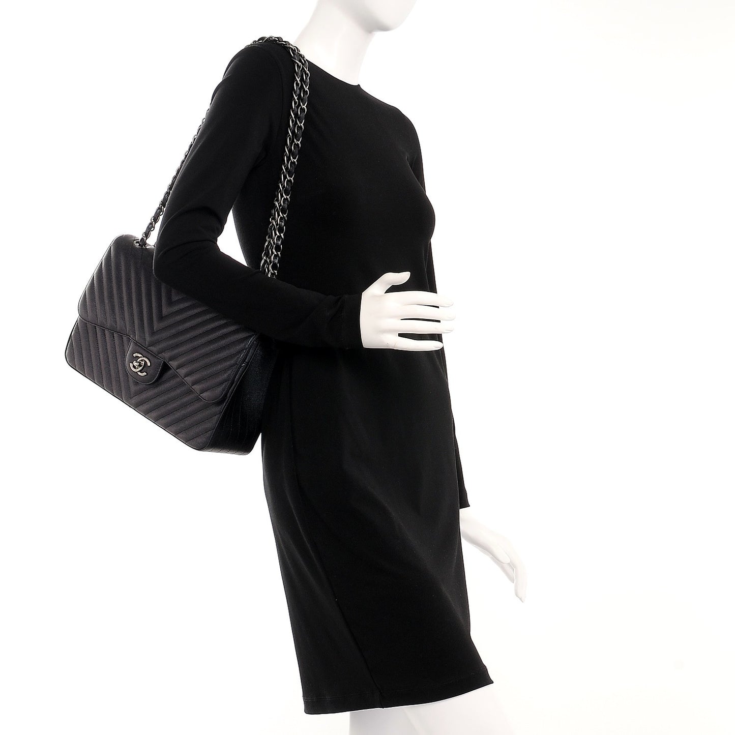 Metallic Caviar Chevron Quilted Jumbo Double Flap Black