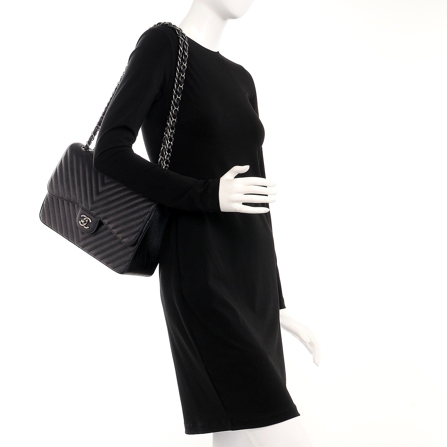 Chanel Metallic Caviar Chevron Quilted Jumbo Double Flap Black 2 of 9