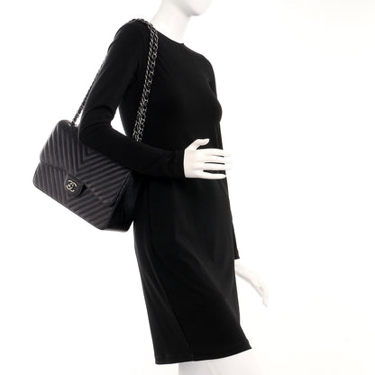 Chanel Metallic Caviar Chevron Quilted Jumbo Double Flap Black 2 of 9