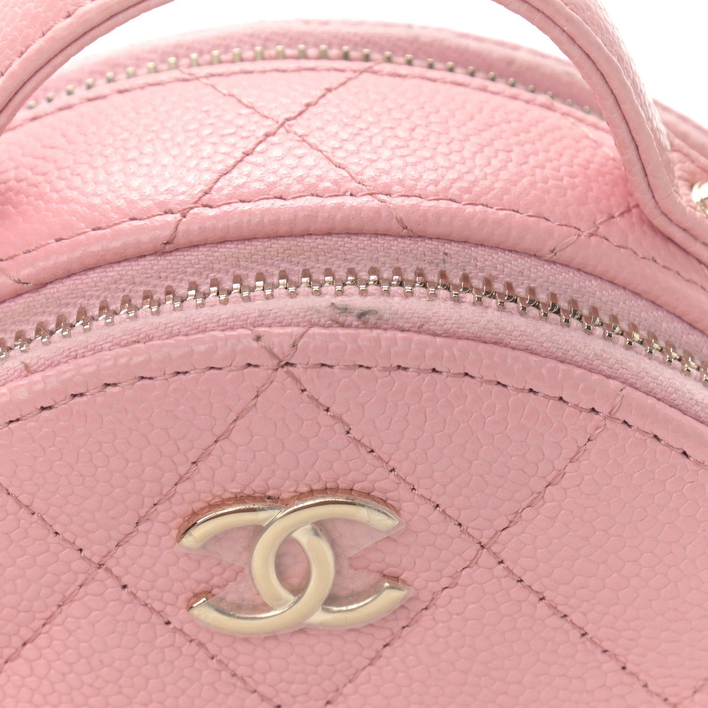 Caviar Quilted Round Handle With Care Vanity With Chain Pink