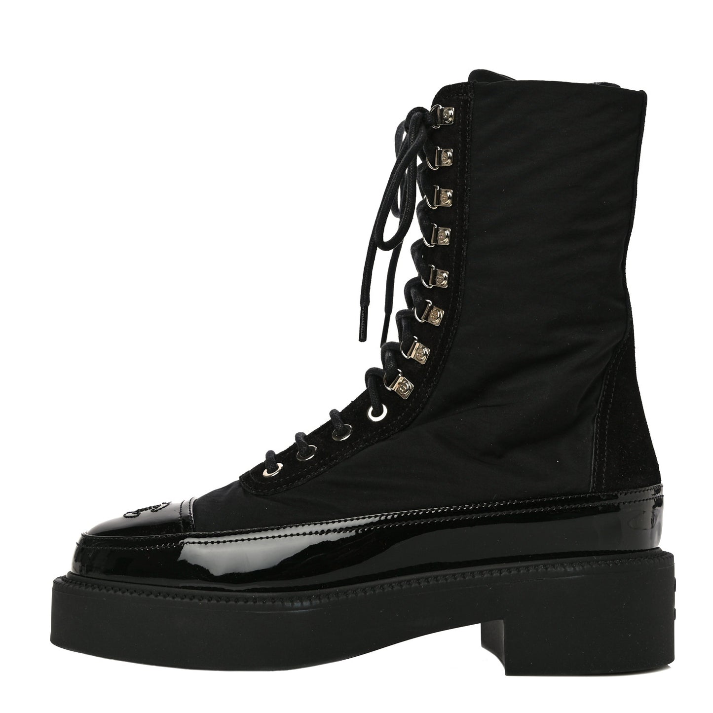 Nylon Suede Patent Calfskin CC Lace Up Boots 36.5 Black