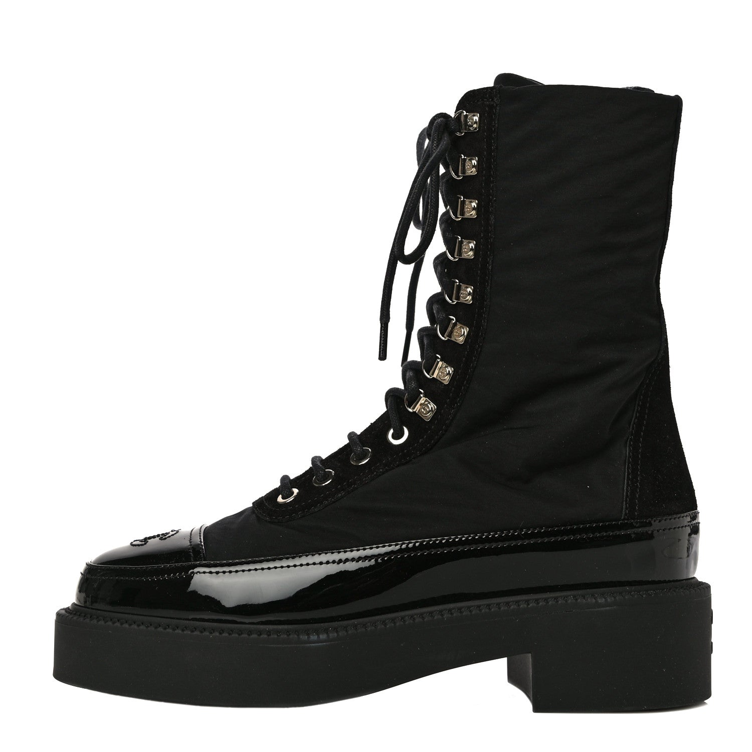 Chanel Nylon Suede Patent Calfskin CC Lace Up Boots 36.5 Black 1 of 13