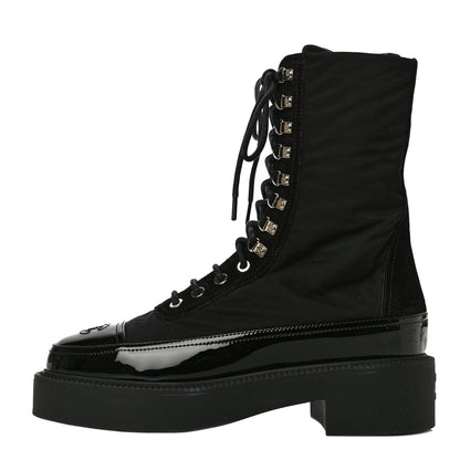 Chanel Nylon Suede Patent Calfskin CC Lace Up Boots 36.5 Black 1 of 13