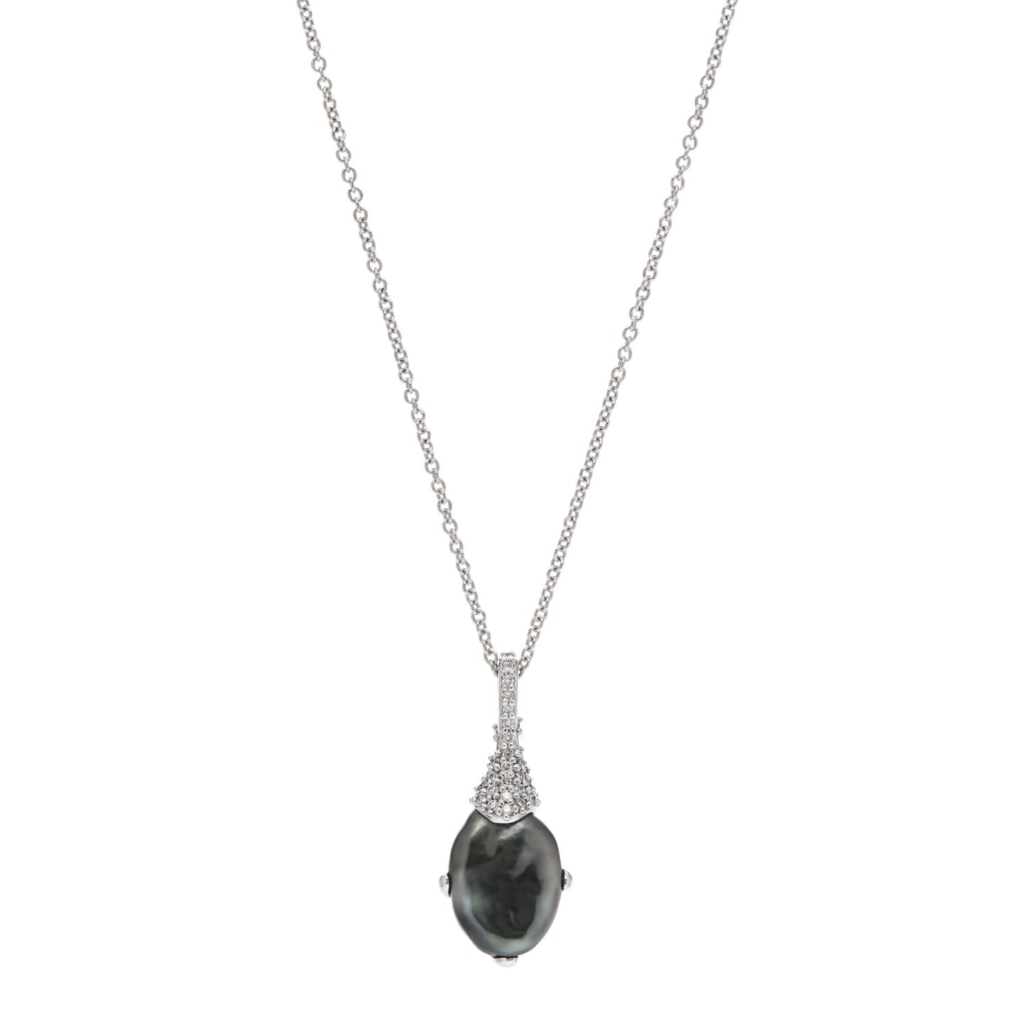18K White Gold Diamond Black South Sea Cultured Pearl 12mm Pendant Necklace