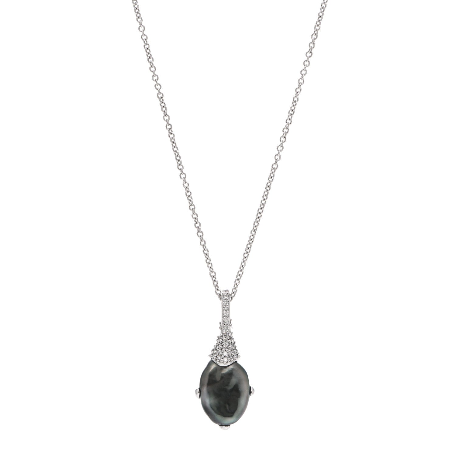 Mikimoto 18K White Gold Diamond Black South Sea Cultured Pearl 12mm Pendant Necklace 1 of 6