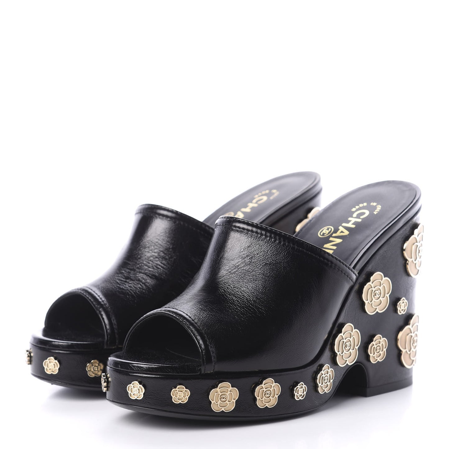 Crumpled Calfskin Camellia Wedge Mules 39 Black