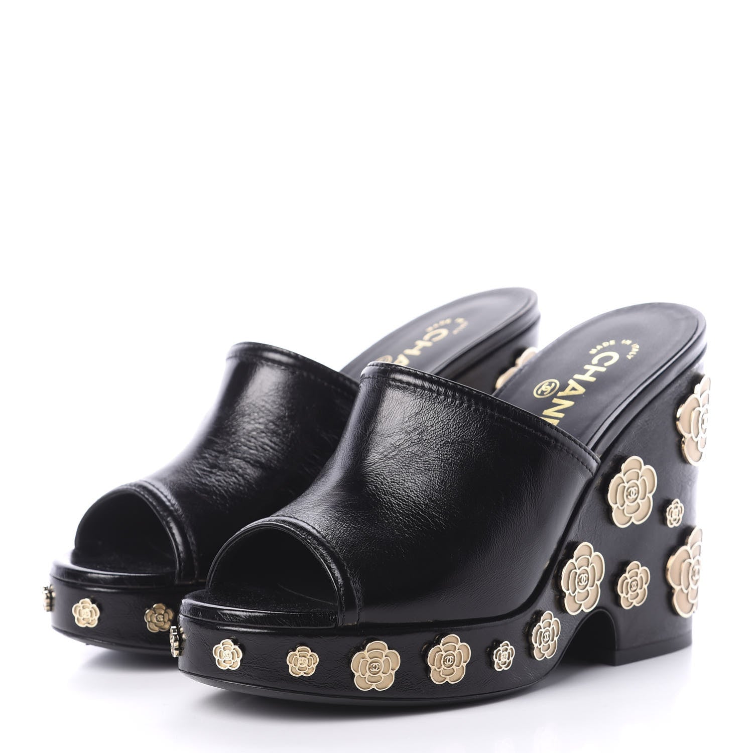 Chanel Crumpled Calfskin Camellia Wedge Mules 39 Black 3 of 9
