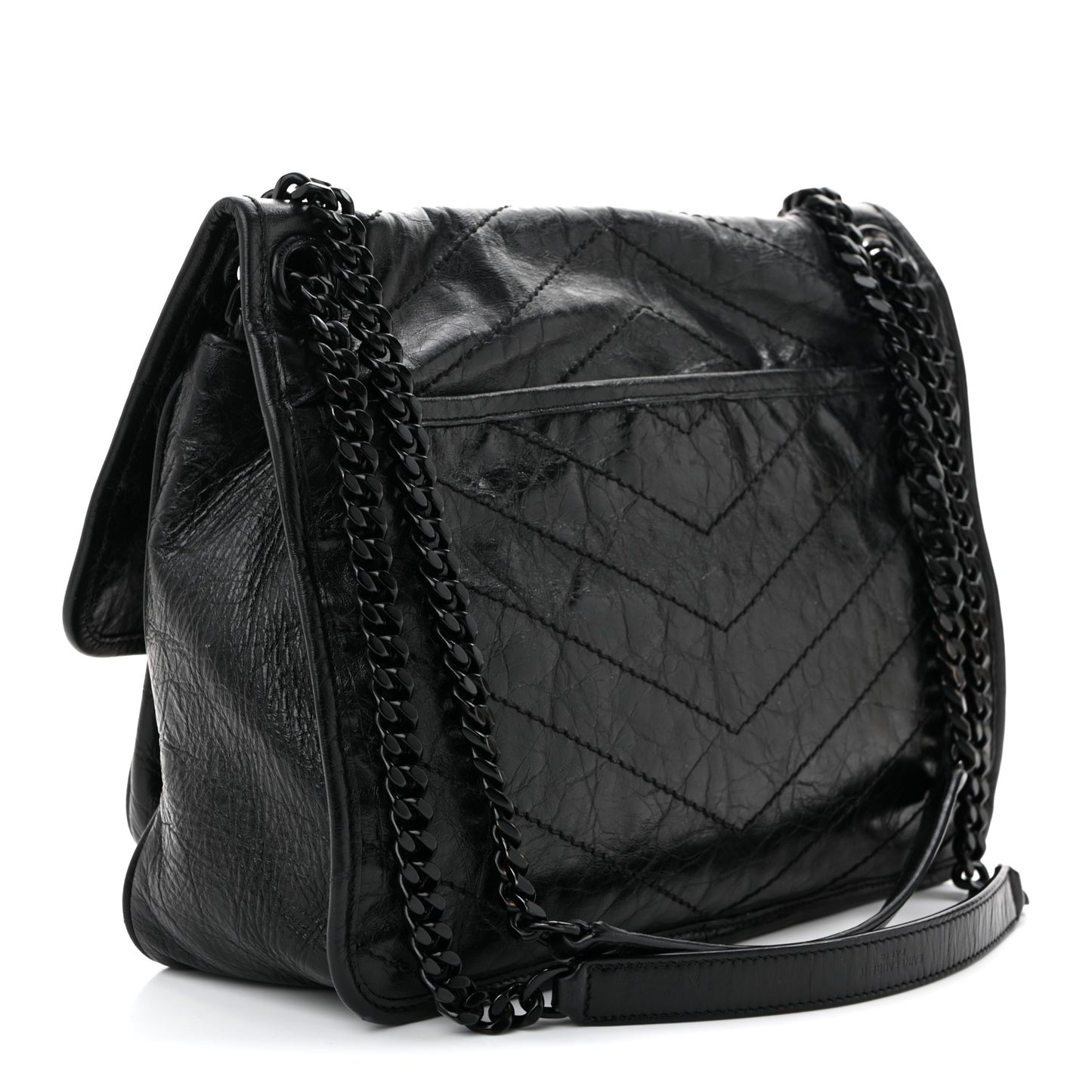 Crinkled Calfskin Matelasse Monogram Medium Niki Chain Satchel Black